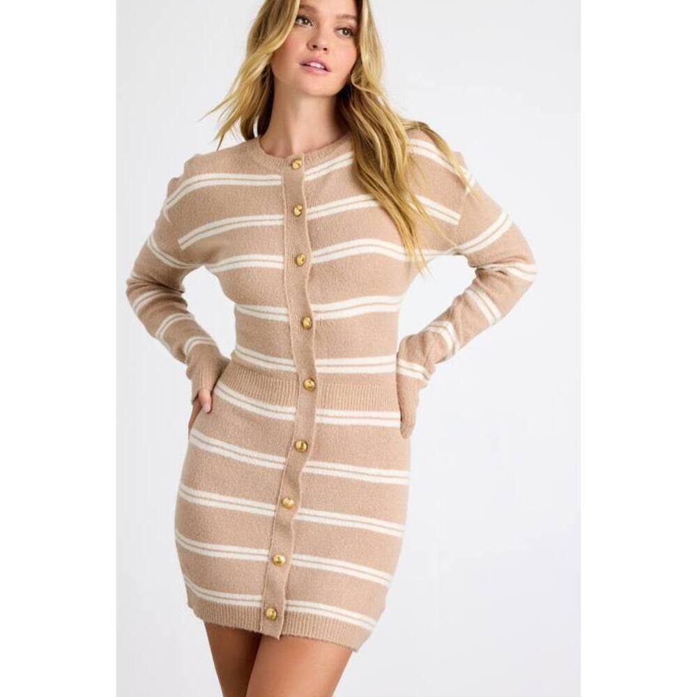 NWT Lulus Maudie Beige And White Striped Sweater Mini Dress - Size M